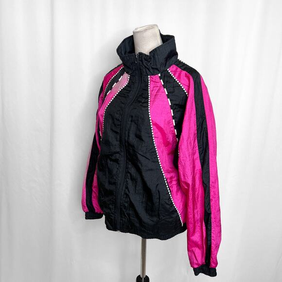 Bocoo Vintage 90s Windbreaker Jacket Black Pink Striped High Neck Zip Up Retro - Picture 5 of 9